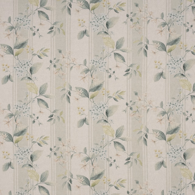 Soft botanical fabric with mint leaves, pale hydrangea sprigs and ivory stripes