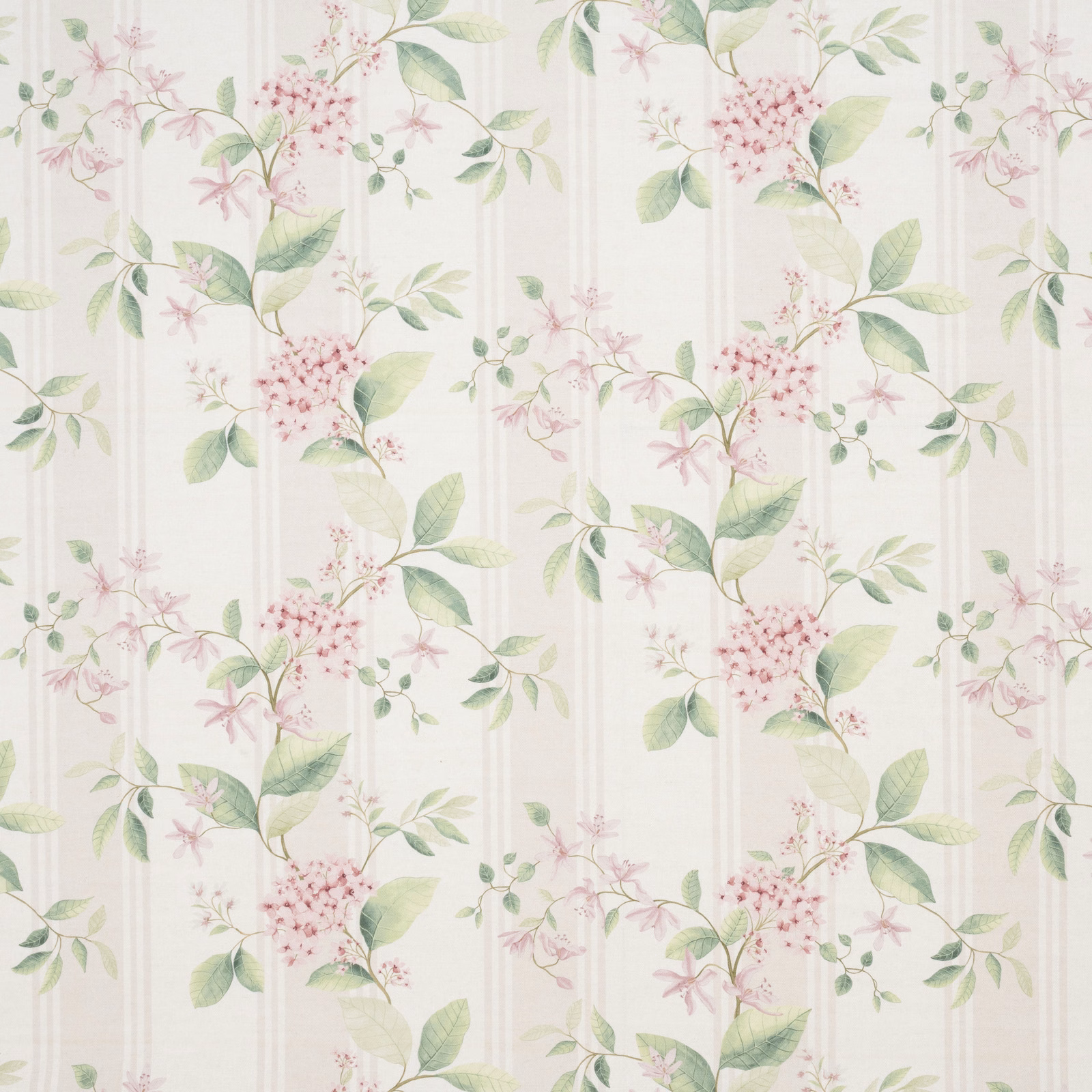 Cream embroidered botanical fabric with blush flowers and soft green leaves