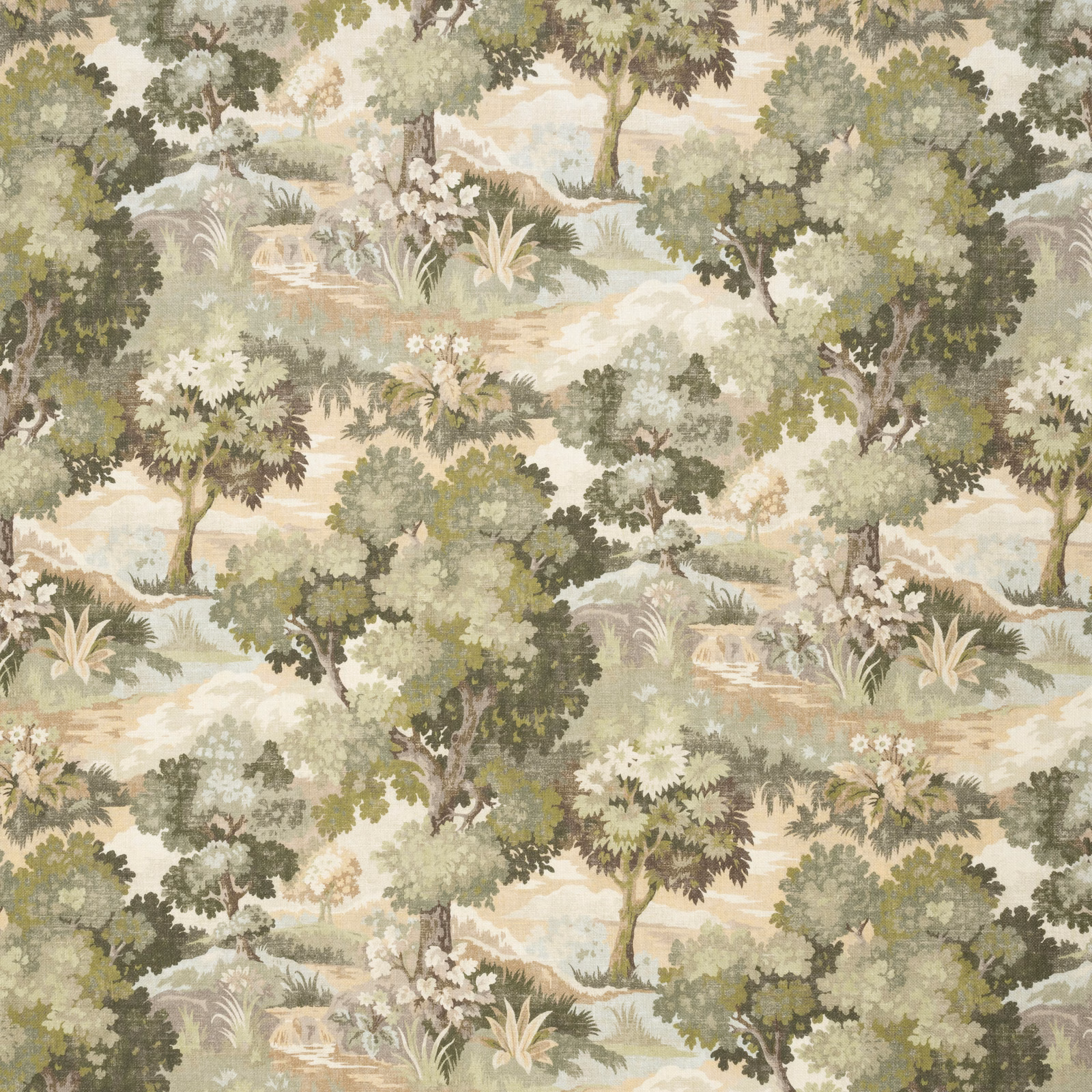 Embroidered woodland fabric in soft fern greens with cream ground and trees