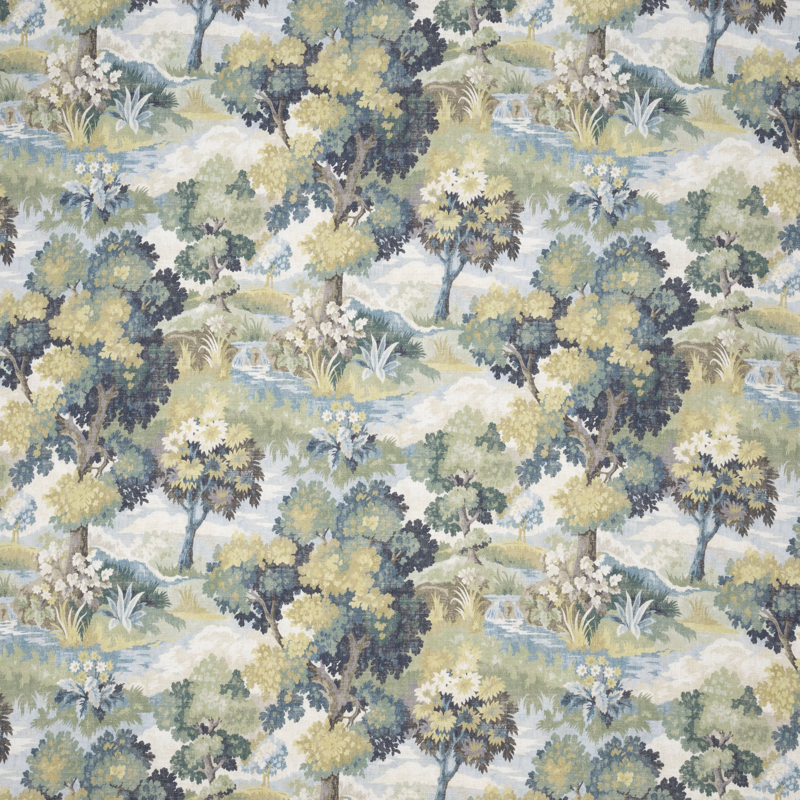 Embroidery fabric with teal woodland trees, sage foliage and pale blue clearings