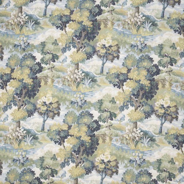 Embroidery fabric with teal woodland trees, sage foliage and pale blue clearings