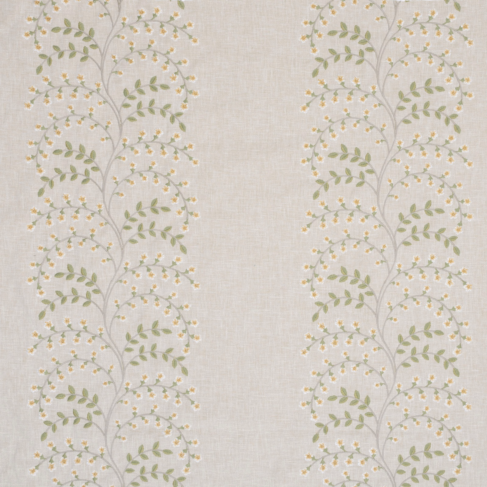 Soft linen-ground fabric with embroidered trailing leaves and tiny pale flowers