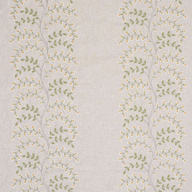 Soft linen-ground fabric with embroidered trailing leaves and tiny pale flowers