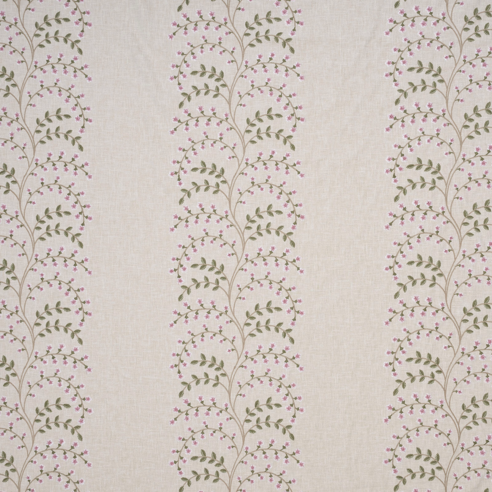 Ivory embroidered fabric with vertical floral stripes in pink and olive green