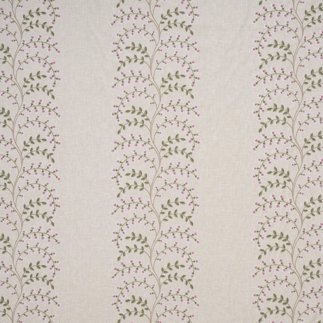Ivory embroidered fabric with vertical floral stripes in pink and olive green