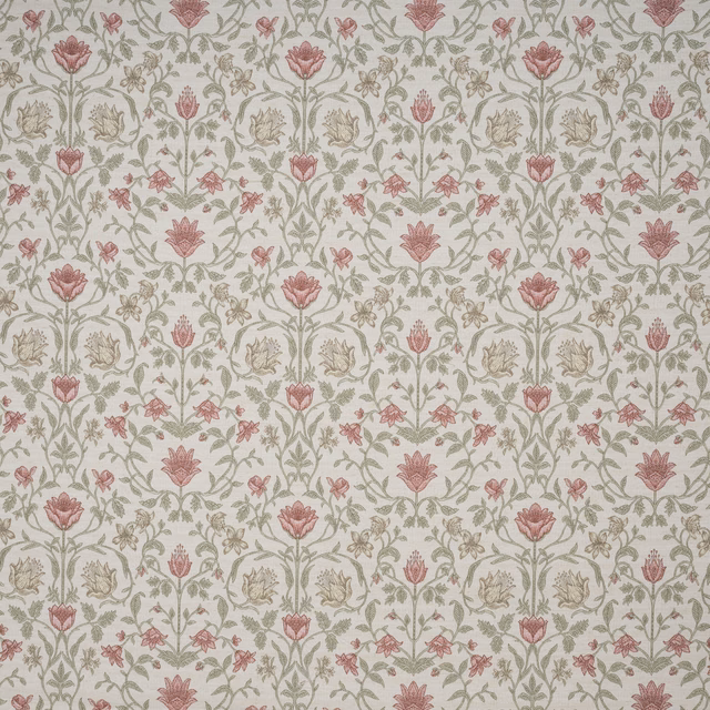 Embroidered floral fabric with dusty rose blooms and sage vine motifs on ivory ground