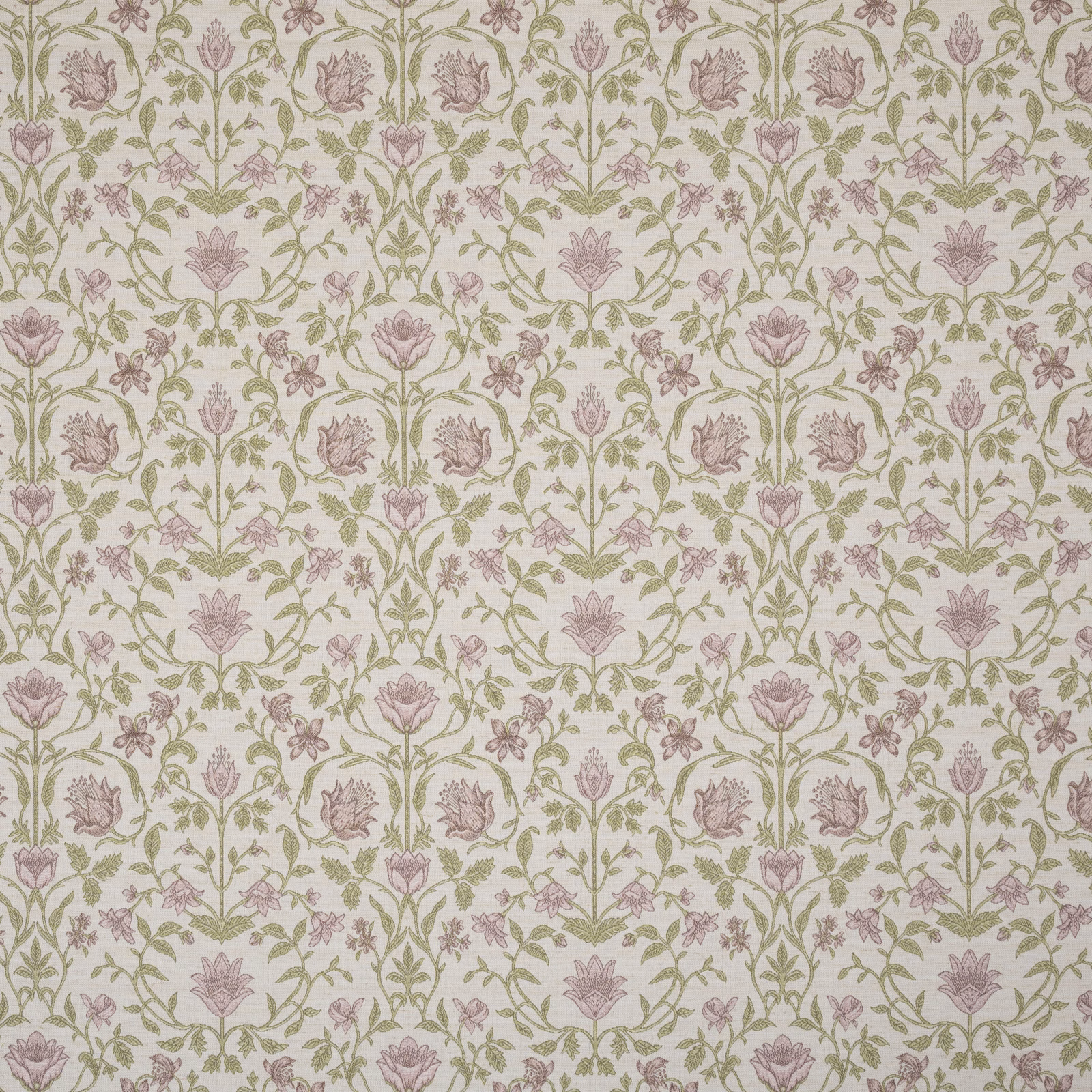 Embroidery-style floral vine fabric in faded rose and sage on a pale ground