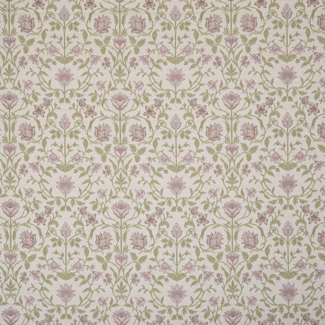 Embroidery-style floral vine fabric in faded rose and sage on a pale ground
