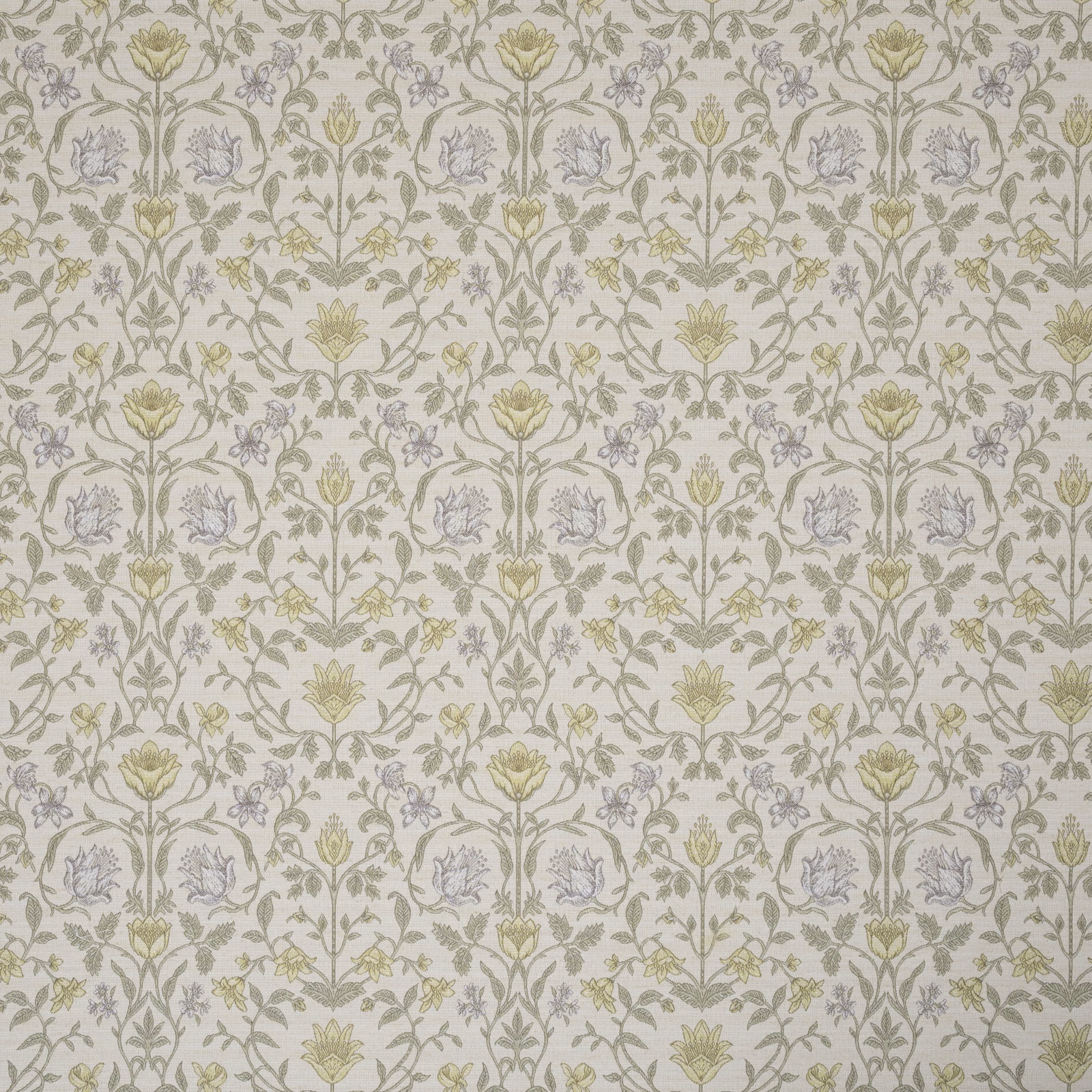 Cream embroidered floral fabric with sage stems and pale grey blooms