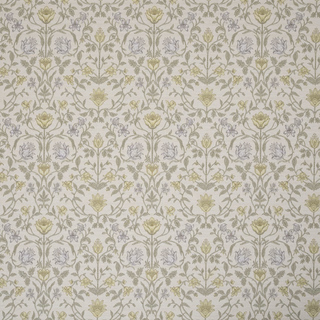 Cream embroidered floral fabric with sage stems and pale grey blooms