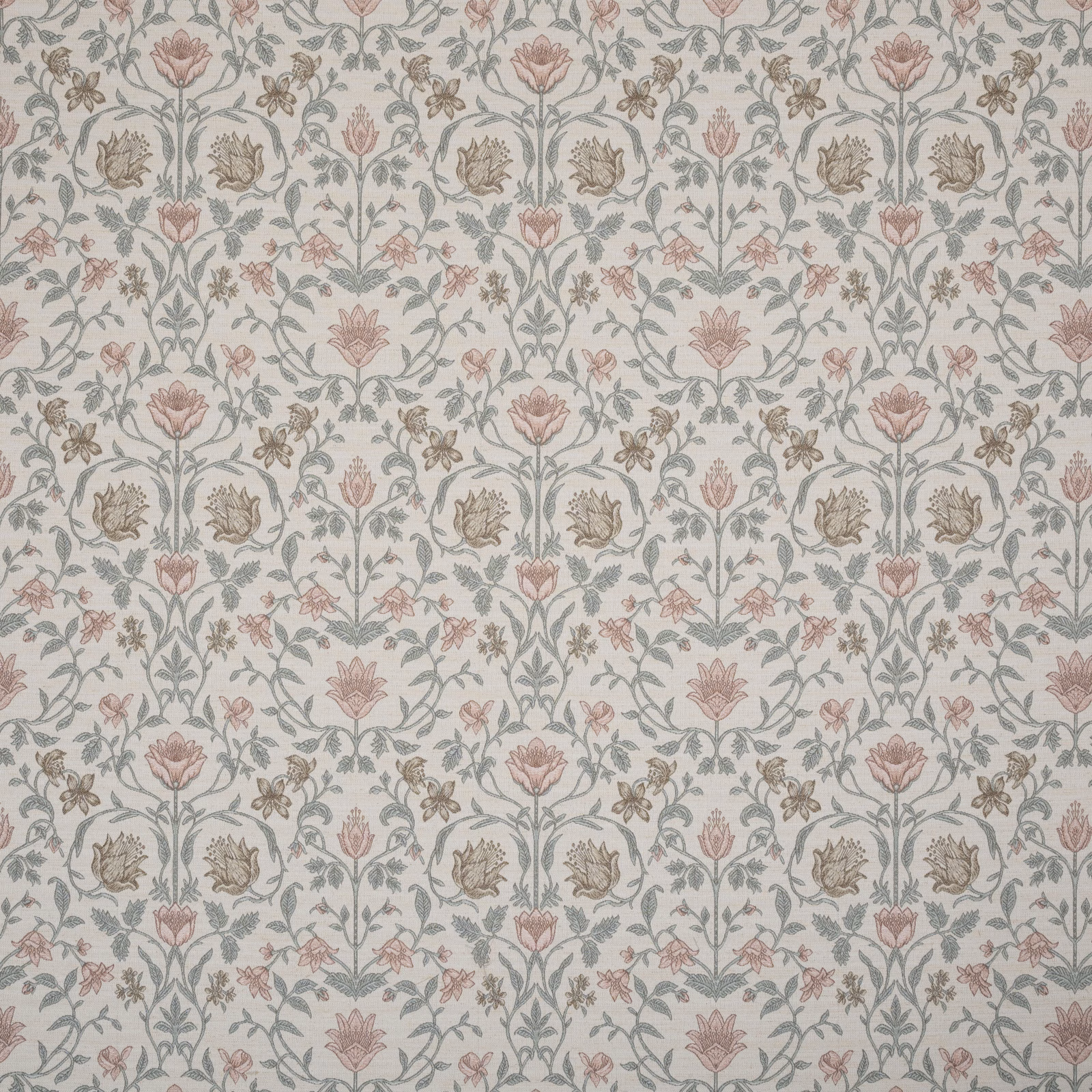 Pale embroidered floral fabric with dusty rose and sage botanical motifs