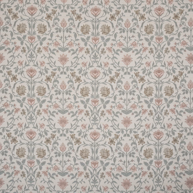 Pale embroidered floral fabric with dusty rose and sage botanical motifs