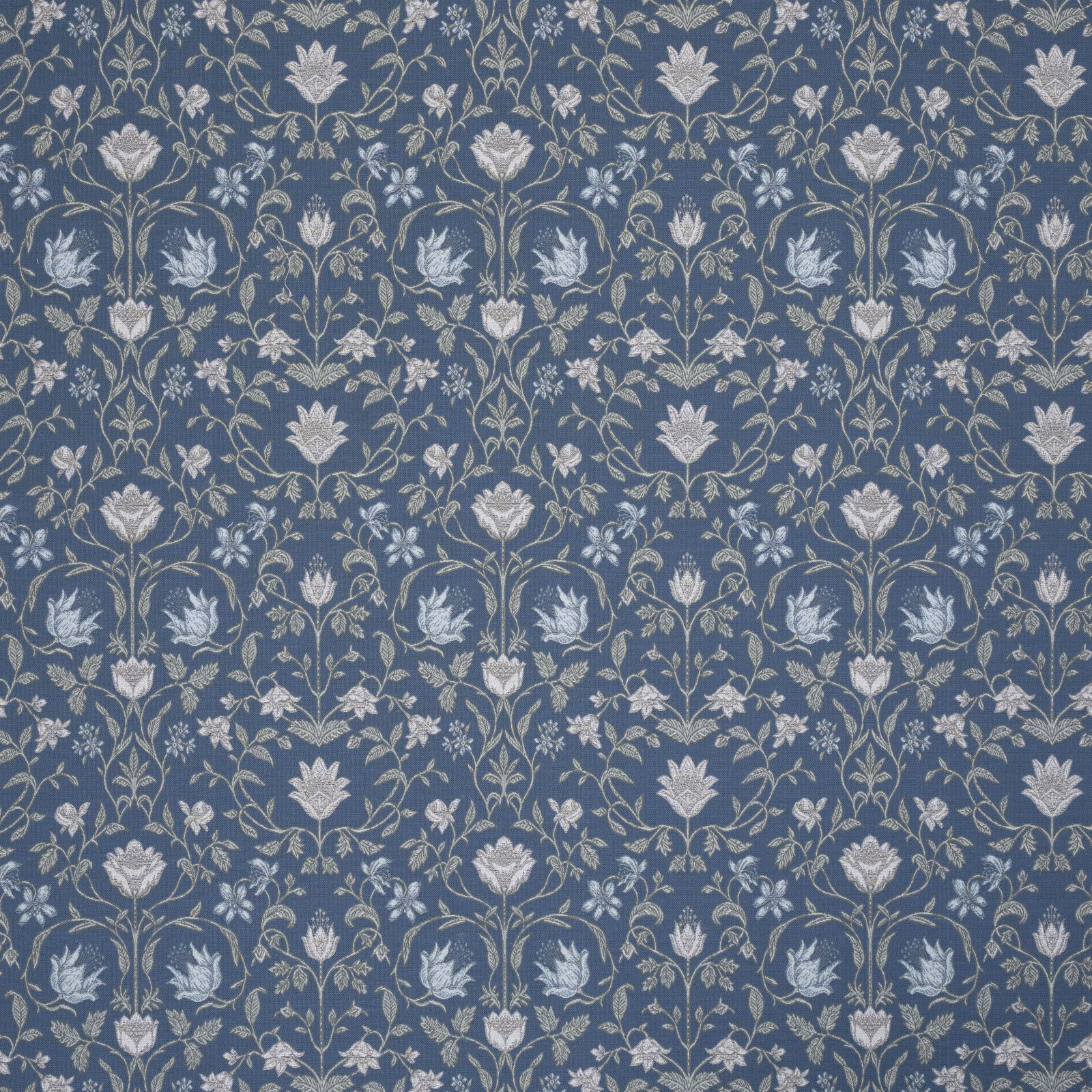 Blue-teal embroidered botanical fabric with pale floral vine repeat