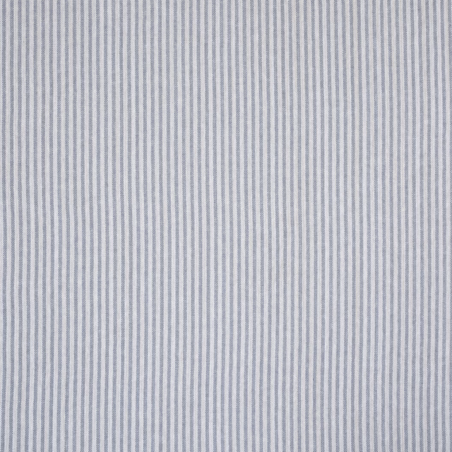 Pale indigo pinstripe fabric swatch with fine vertical blue and white stripes