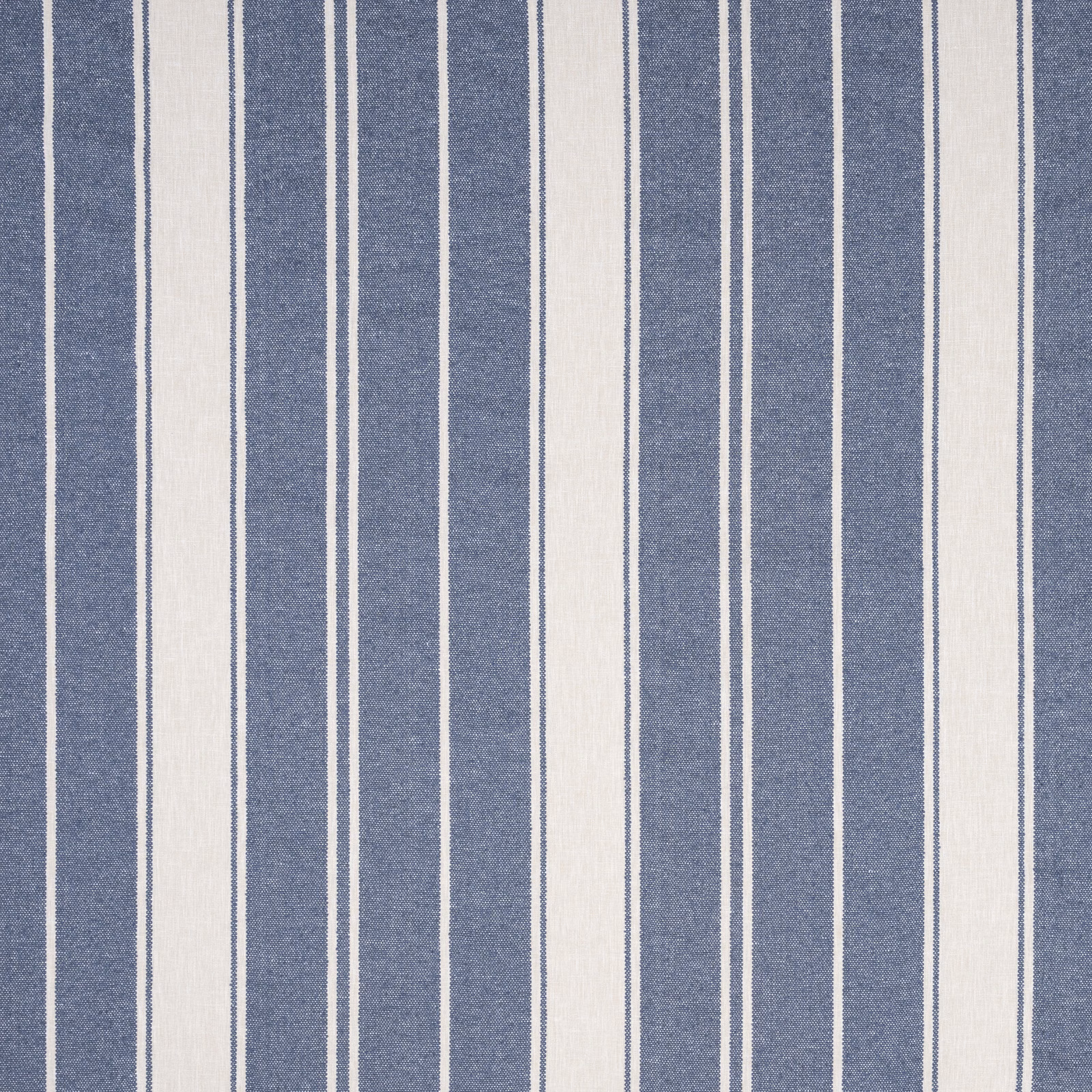 Vertical indigo and ivory striped fabric with a fine woven texture