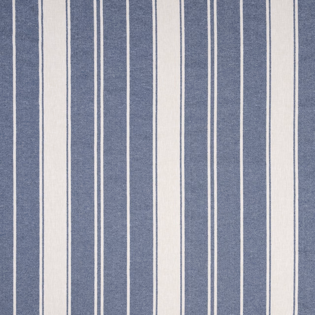 Vertical indigo and ivory striped fabric with a fine woven texture