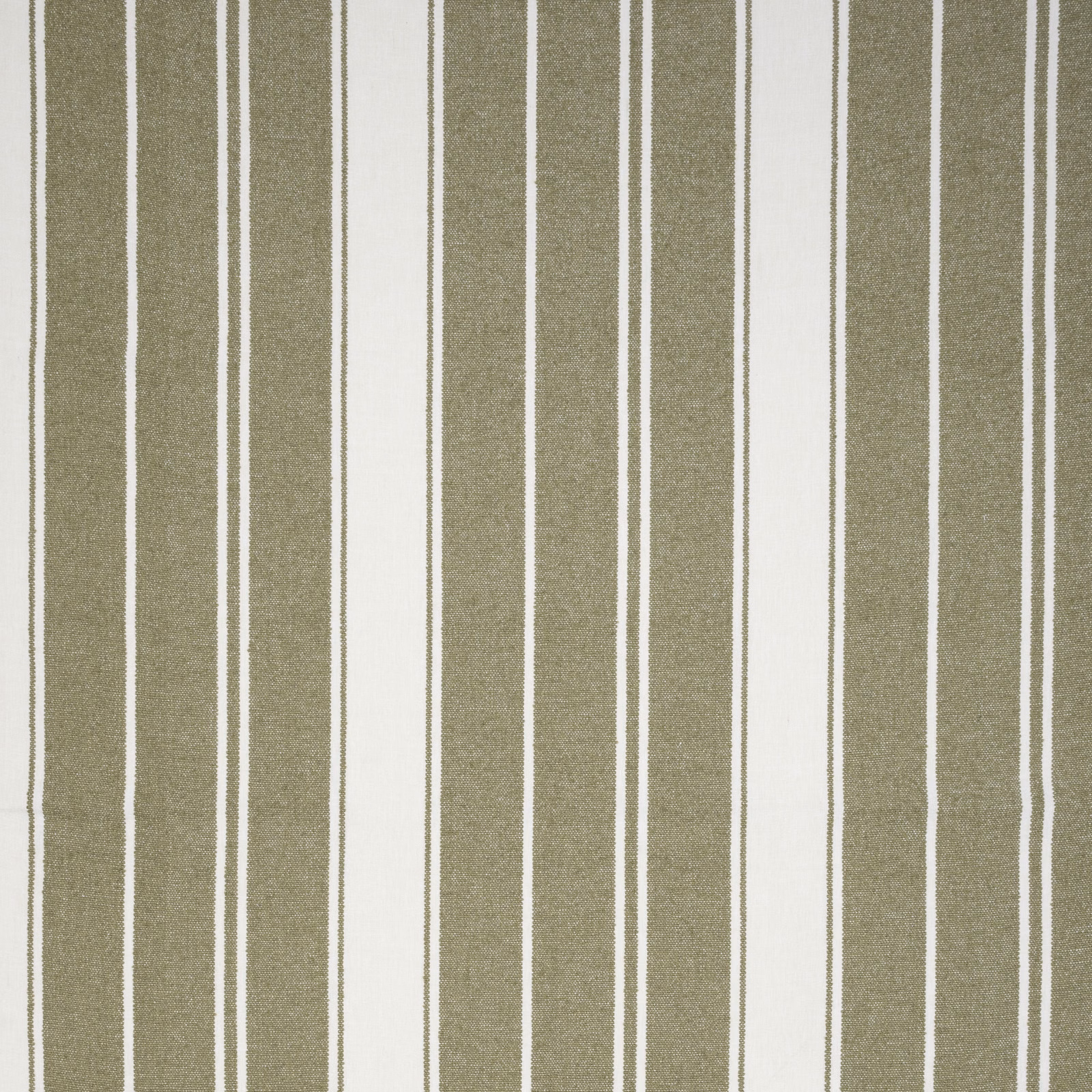Vertical olive and cream striped fabric with a fine woven texture
