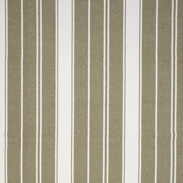 Vertical olive and cream striped fabric with a fine woven texture
