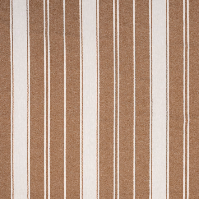 Vertical sienna and ivory striped woven fabric with a textured natural look