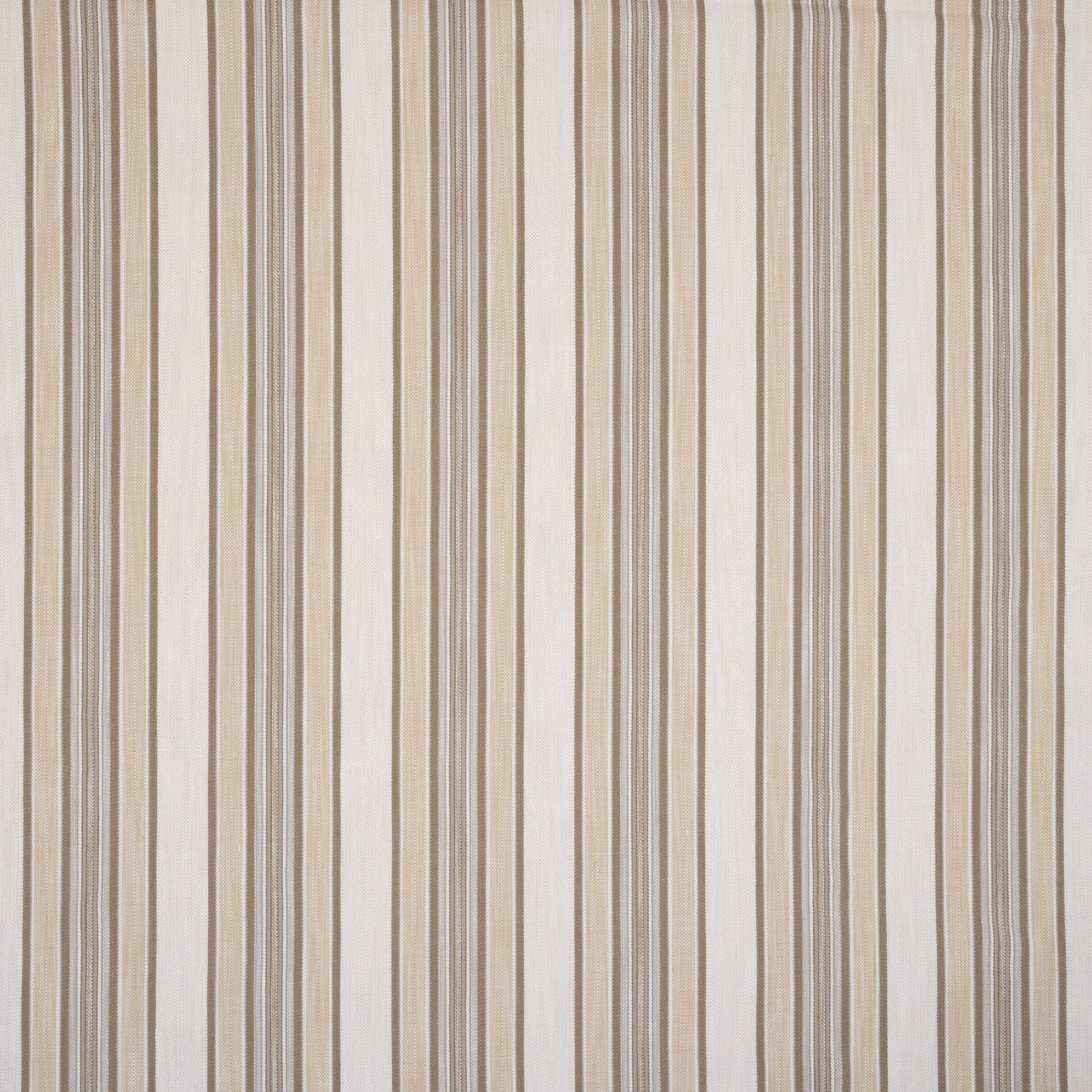 Vertical beige and taupe striped fabric swatch on an off-white ground