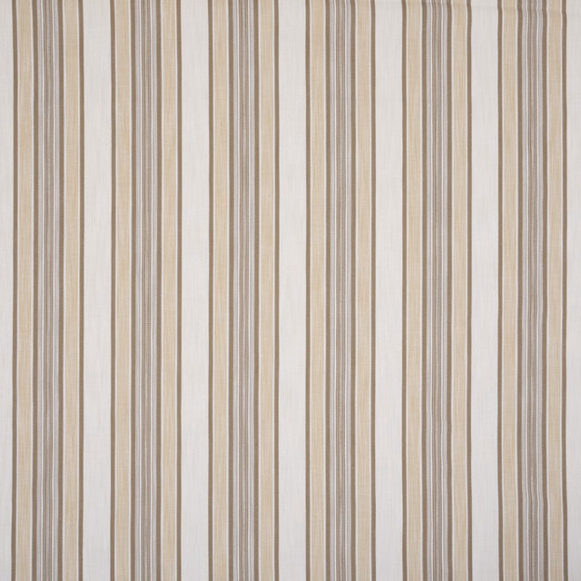 Vertical beige and taupe striped fabric swatch on an off-white ground