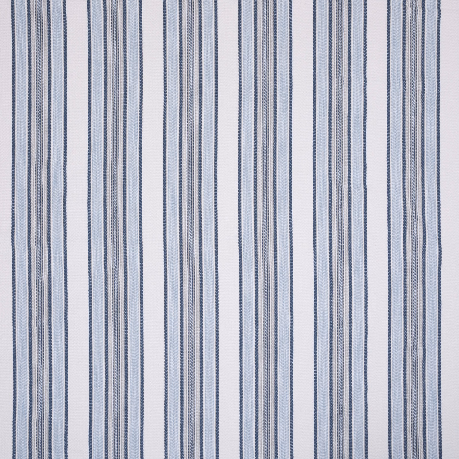Pale striped fabric with narrow indigo, grey and white vertical bands
