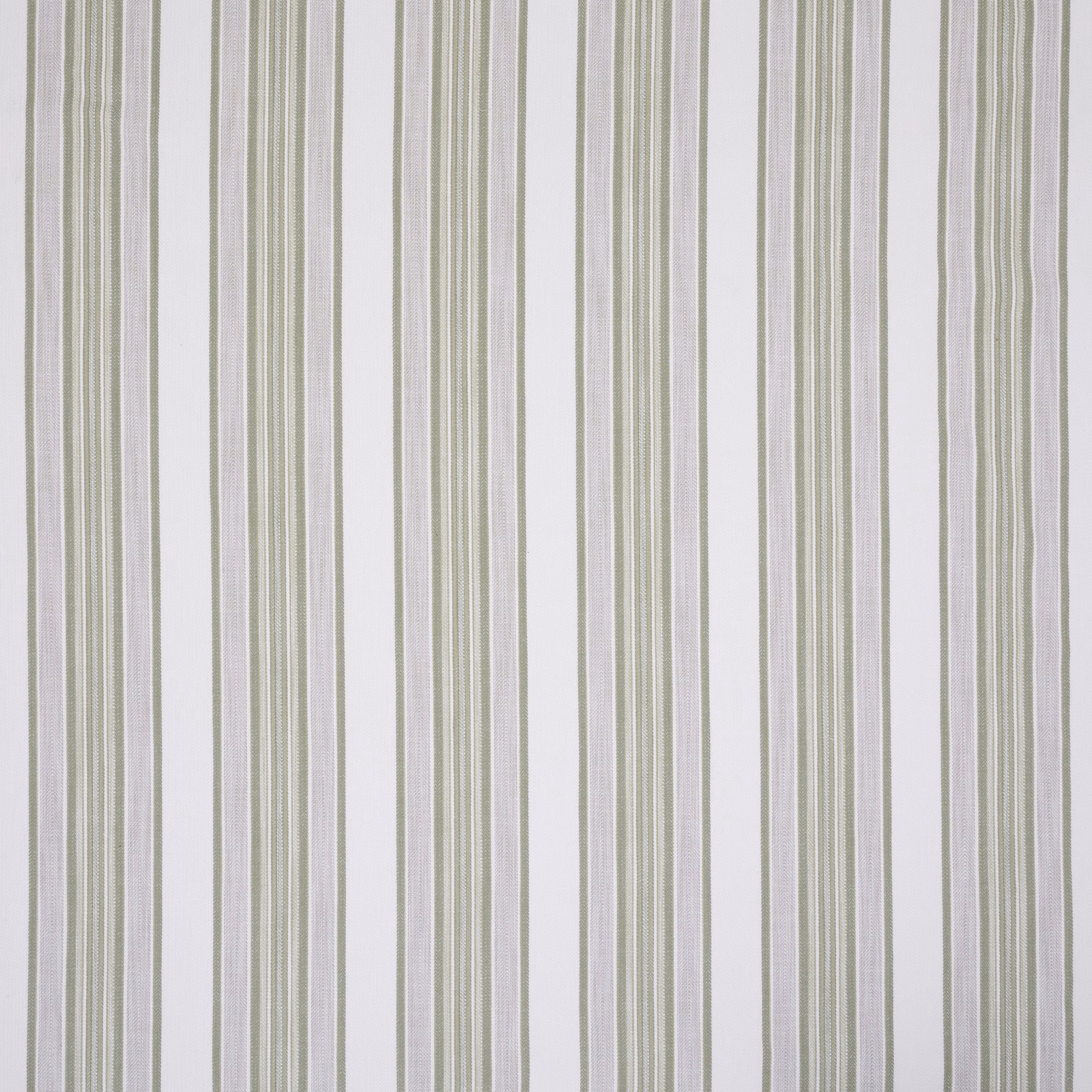 Vertical olive and sage pinstripes on a pale woven fabric ground