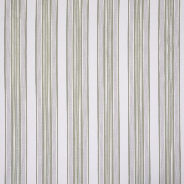 Vertical olive and sage pinstripes on a pale woven fabric ground