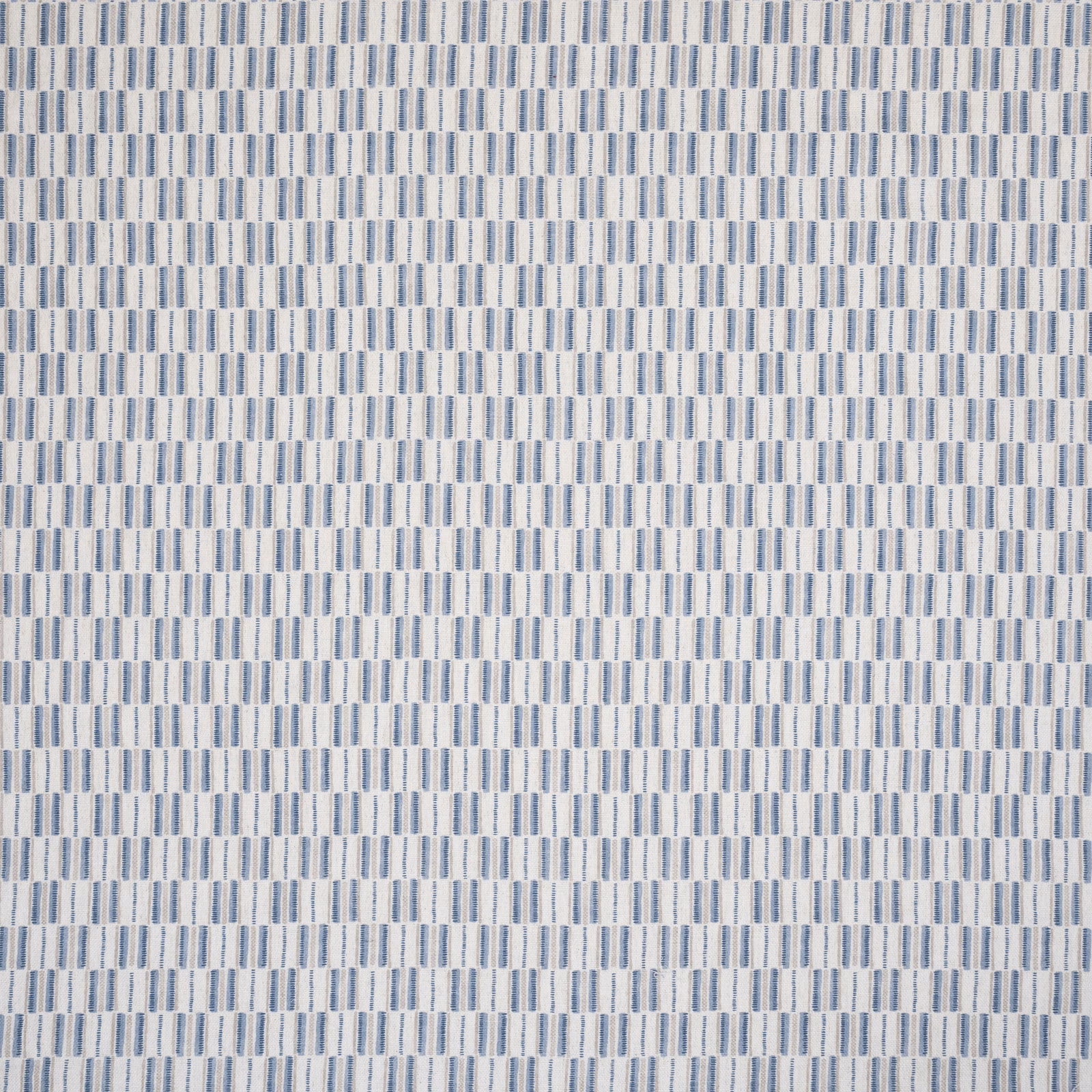 Small blue and ivory geometric woven fabric with neat vertical dash stripes