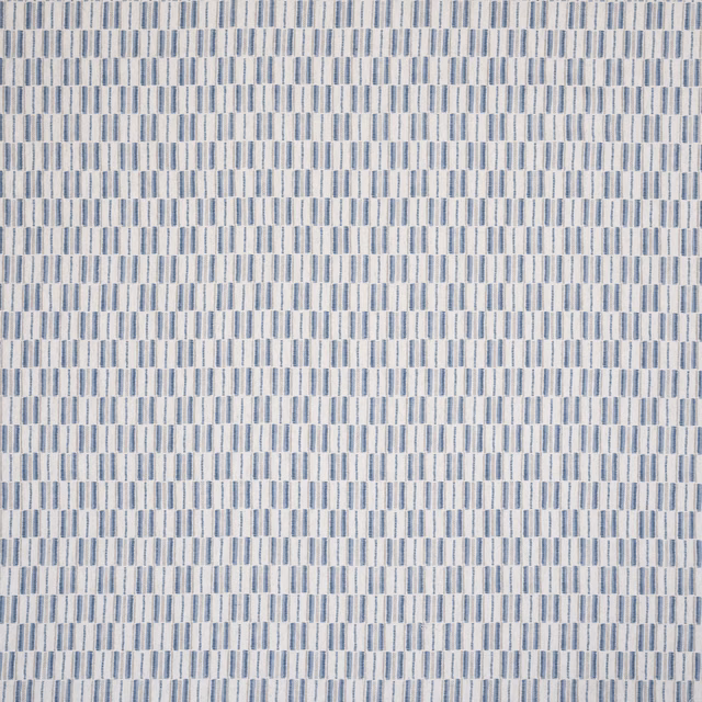 Small blue and ivory geometric woven fabric with neat vertical dash stripes