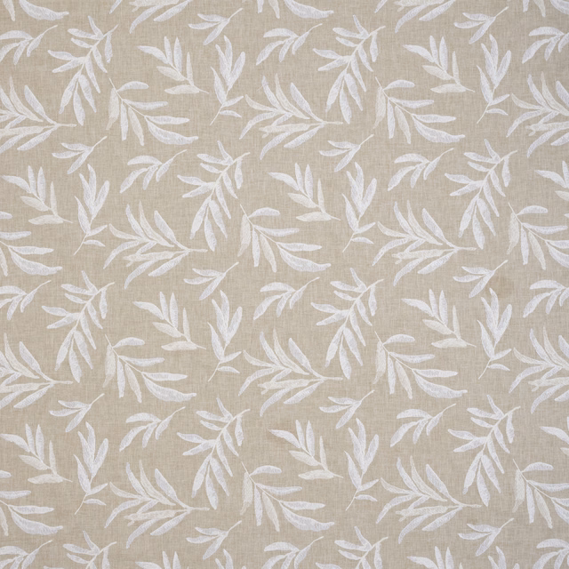 Cream botanical leaf fabric on a linen-textured ground
