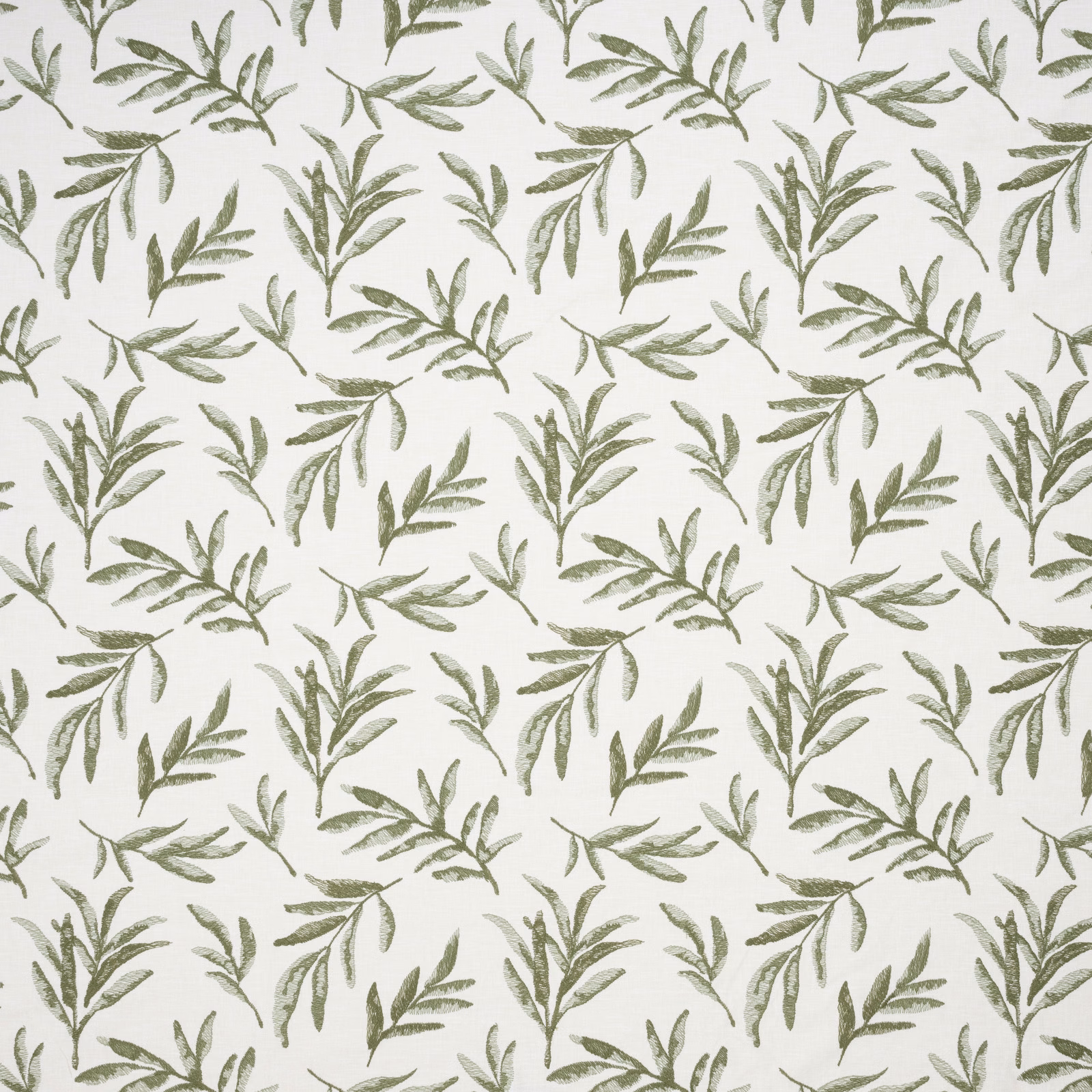 Ivory fabric with scattered willow-green leafy botanical sprigs