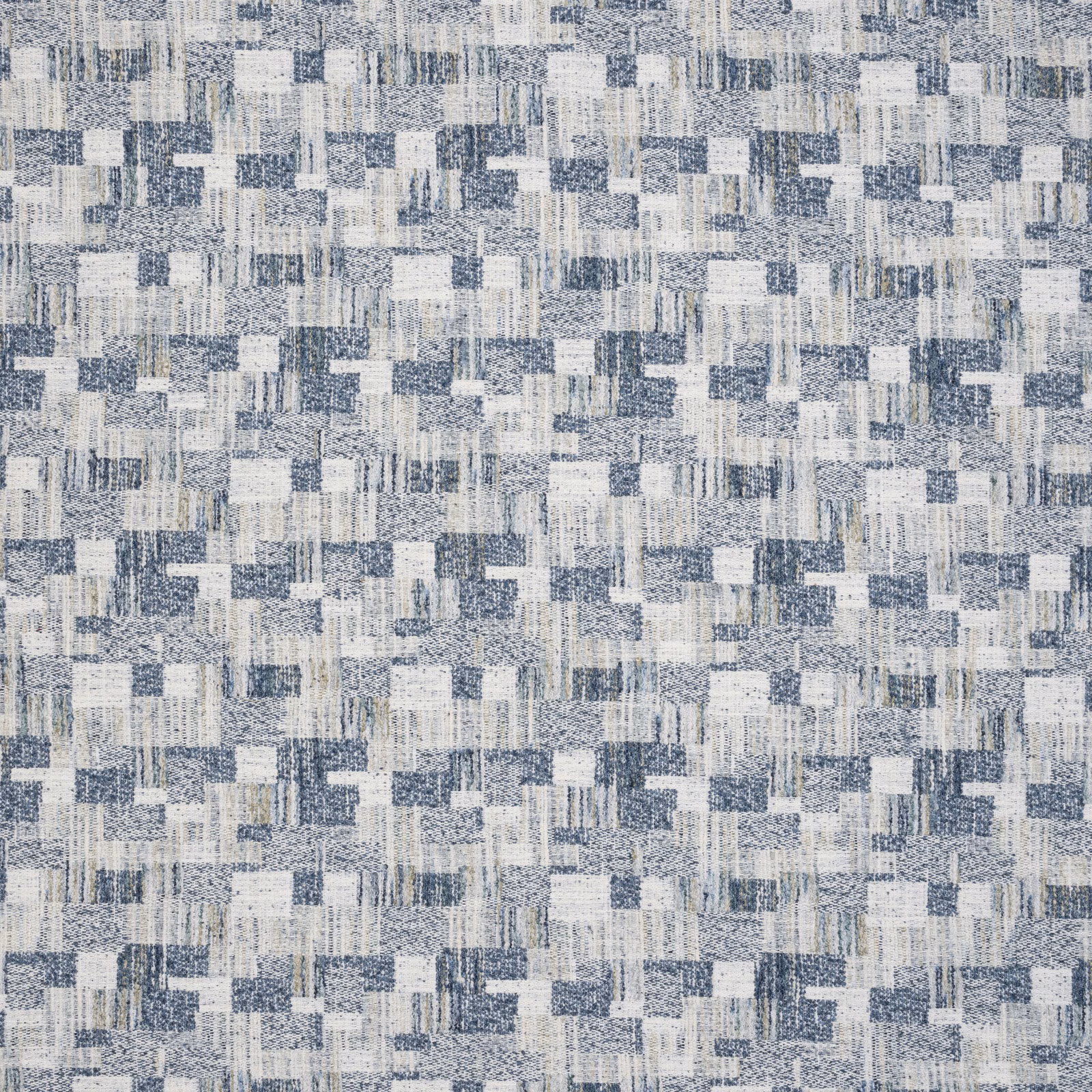 Blue-grey and off-white geometric woven fabric with a textured, blocky pattern