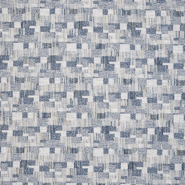 Blue-grey and off-white geometric woven fabric with a textured, blocky pattern