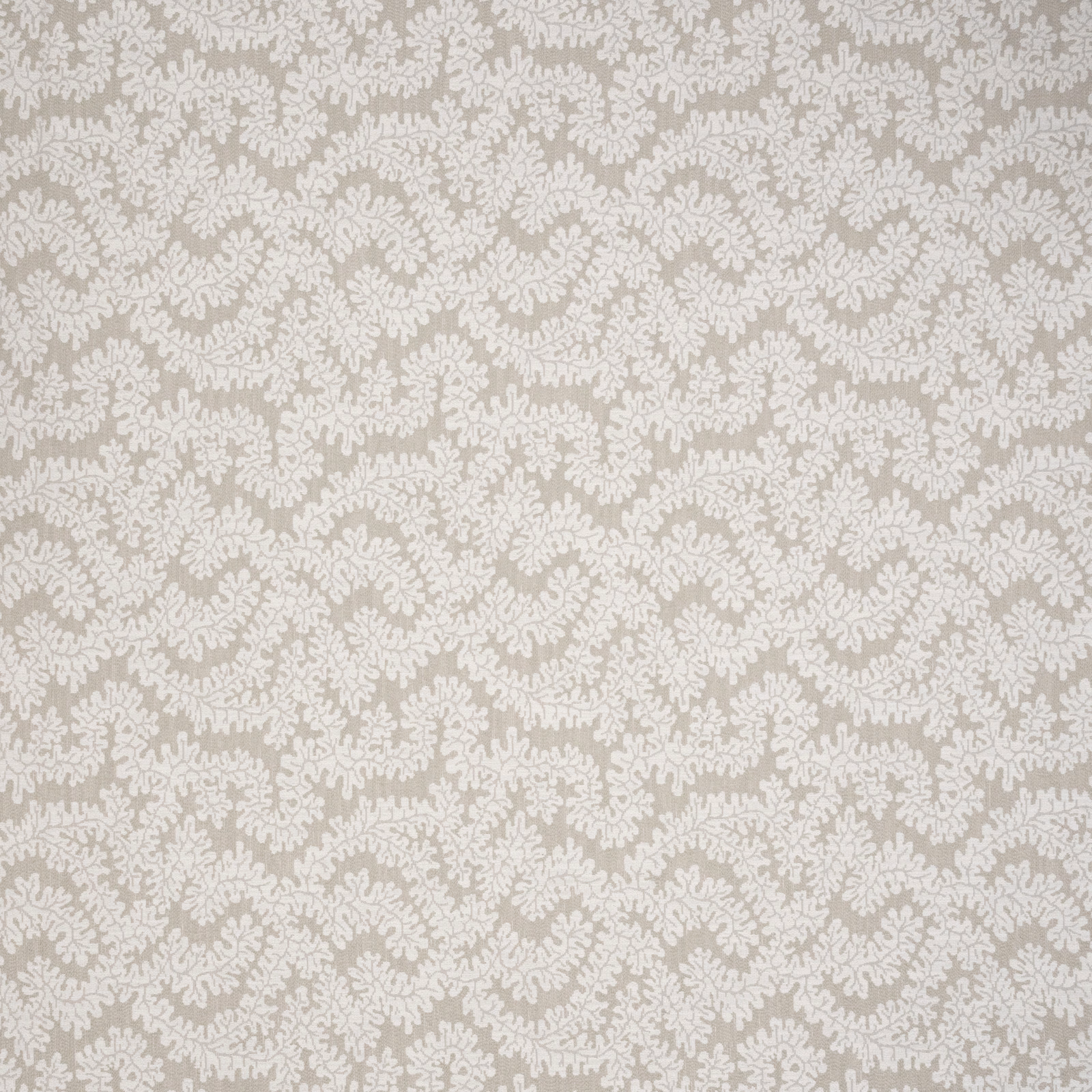 Soft greige botanical fabric with an off-white leafy repeating motif