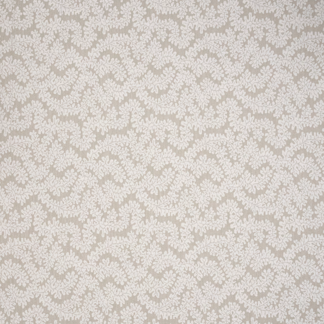 Soft greige botanical fabric with an off-white leafy repeating motif