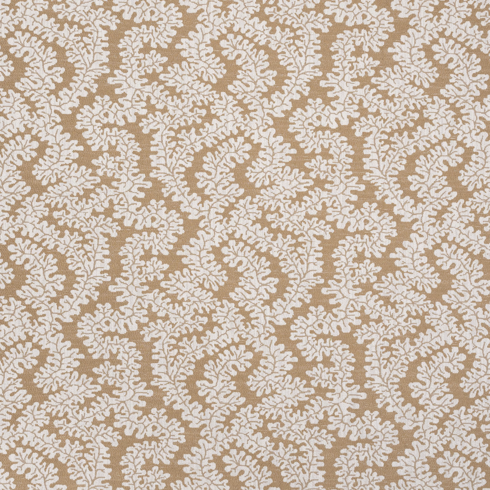 Ochre botanical woven fabric with pale ivory leaf motif on a warm beige ground