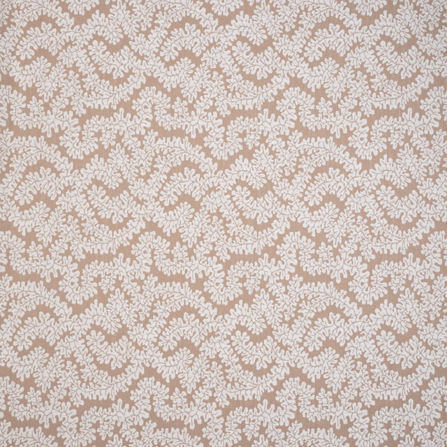 Warm beige fabric swatch with ivory scrolling botanical repeat