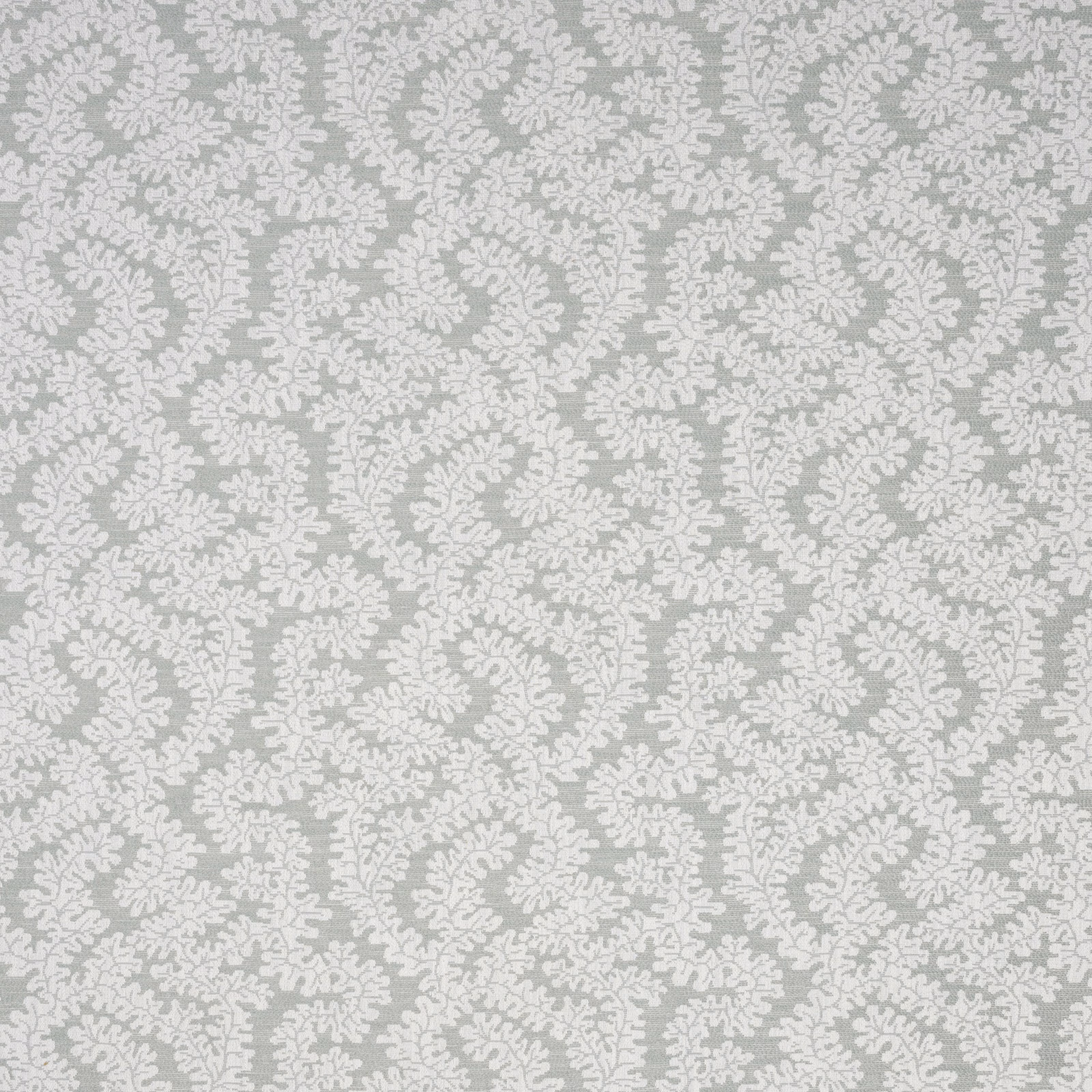 Pale seafoam botanical fabric with scrolling leaf motif and soft grey-blue ground