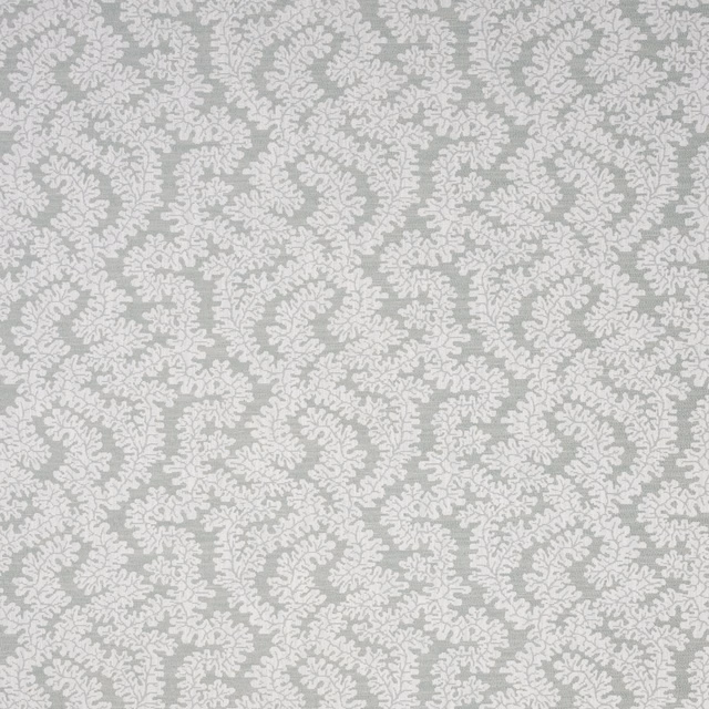 Pale seafoam botanical fabric with scrolling leaf motif and soft grey-blue ground