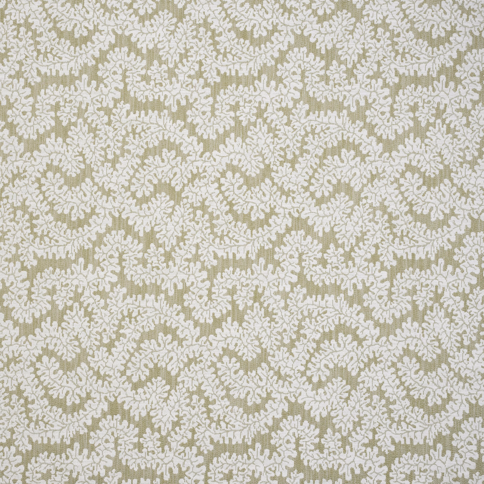 Soft willow green and ivory botanical scroll fabric with raised leaf-like motif