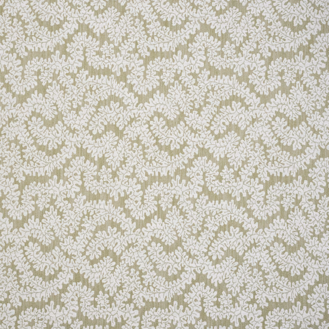 Soft willow green and ivory botanical scroll fabric with raised leaf-like motif