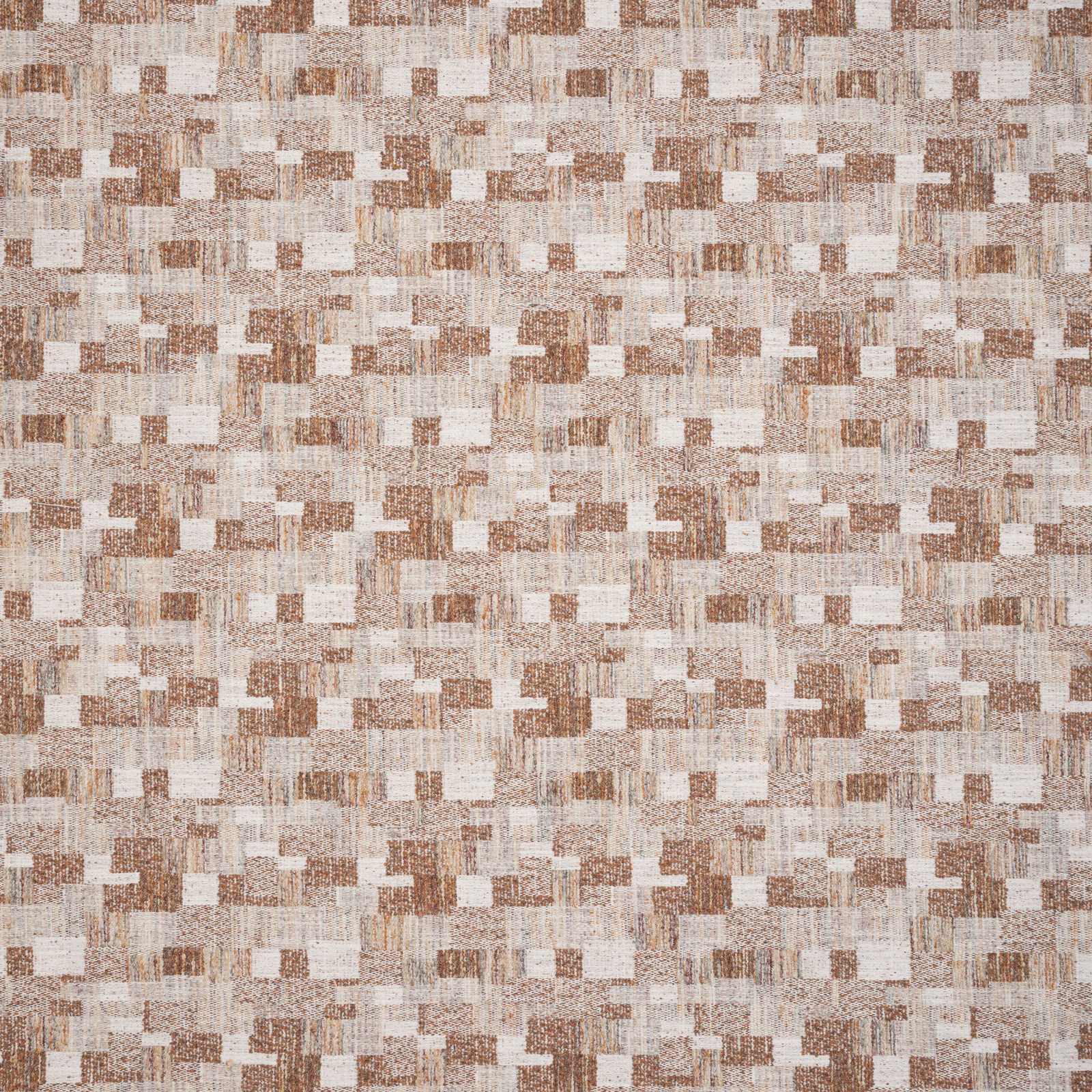Textured woven fabric with rust, beige and ivory block pattern