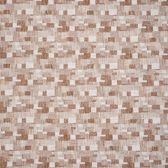 Textured woven fabric with rust, beige and ivory block pattern