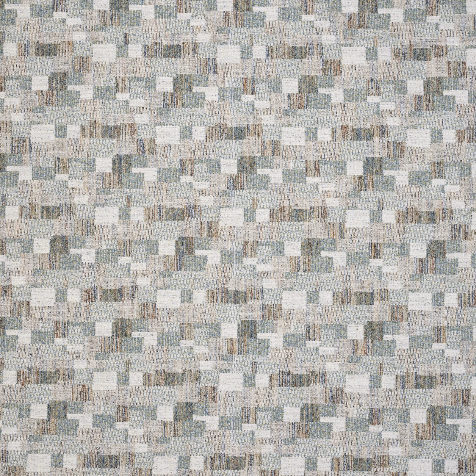 Small woven geometric fabric in seafoam, grey, white and taupe blocks