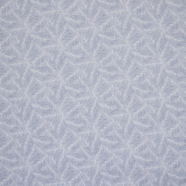 Pale blue-grey leaf pattern fabric with fine woven botanical texture
