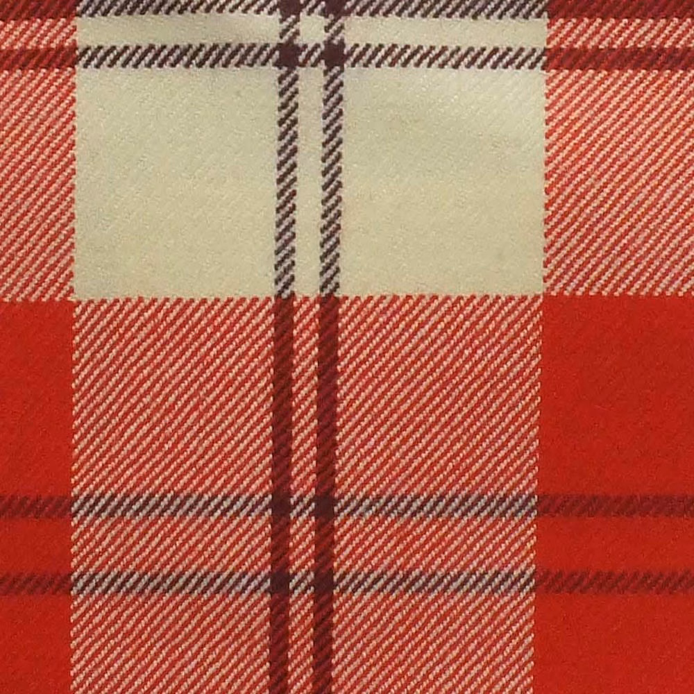 Red tartan plaid with cream blocks, dark lines and fine diagonal twill texture