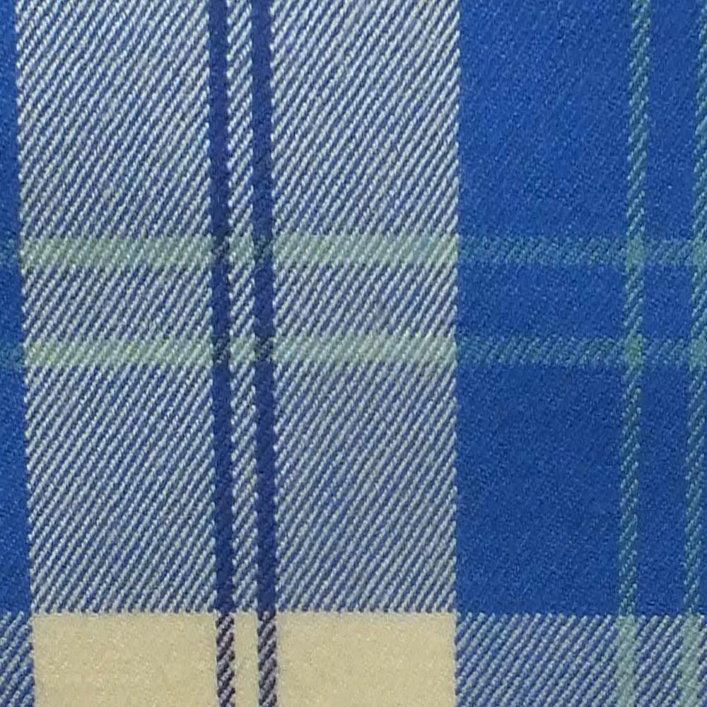 Royal blue woven plaid with pale blue, green and cream overchecks