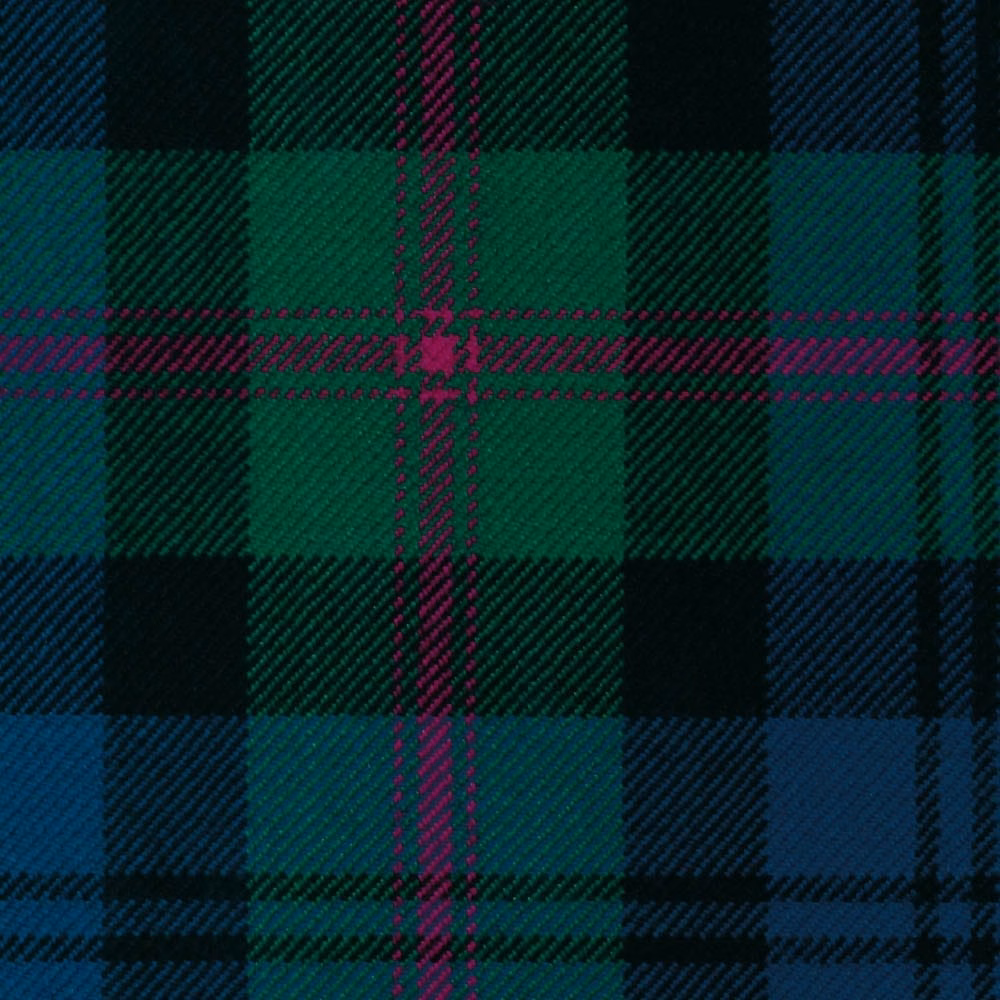 Dark green and navy tartan with magenta lines in a diagonal twill weave