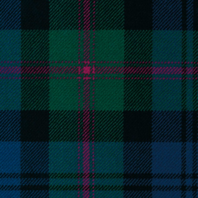 Dark green and navy tartan with magenta lines in a diagonal twill weave